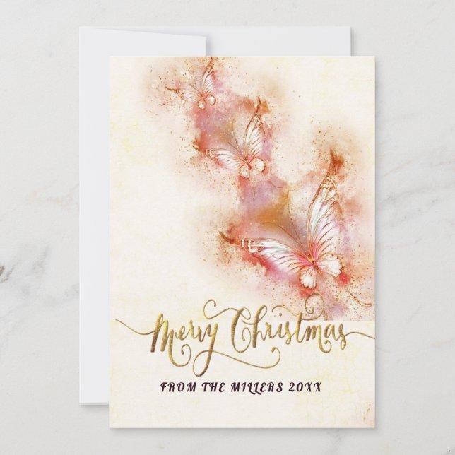 Pink Butterfly Christmas Glitter Holiday Card (Front)