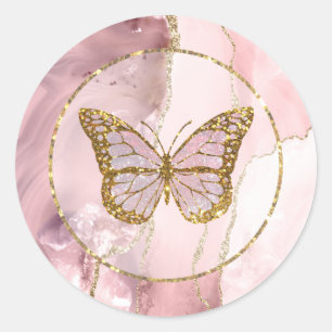 pink butterfly classic round sticker