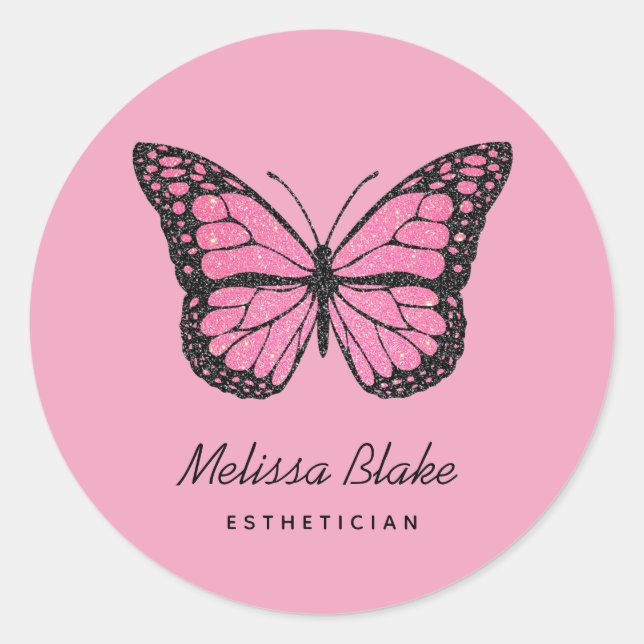 pink butterfly classic round sticker (Front)