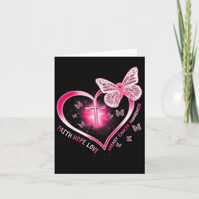 Pink Butterfly Cross Faith Hope Love Breast Cancer Card (Front)