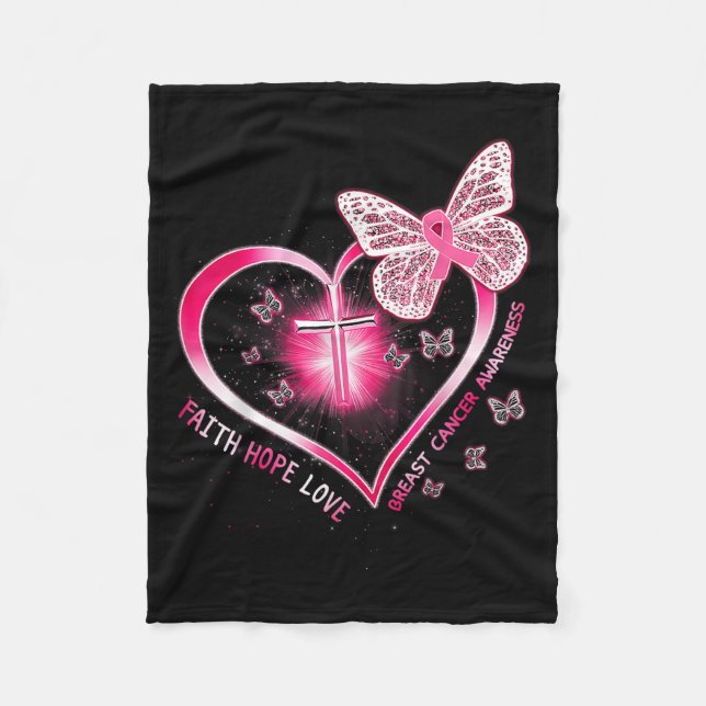 Pink Butterfly Cross Faith Hope Love Breast Cancer Fleece Blanket (Front)
