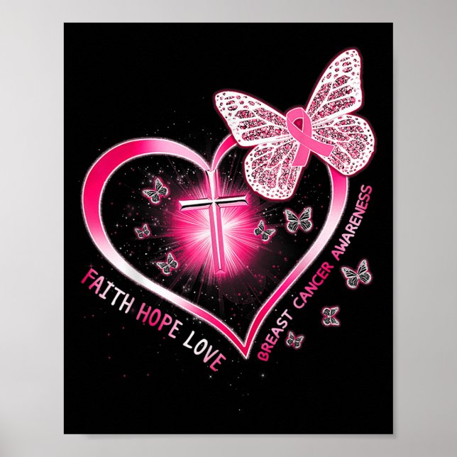 Pink Butterfly Cross Faith Hope Love Breast Cancer Poster (Front)