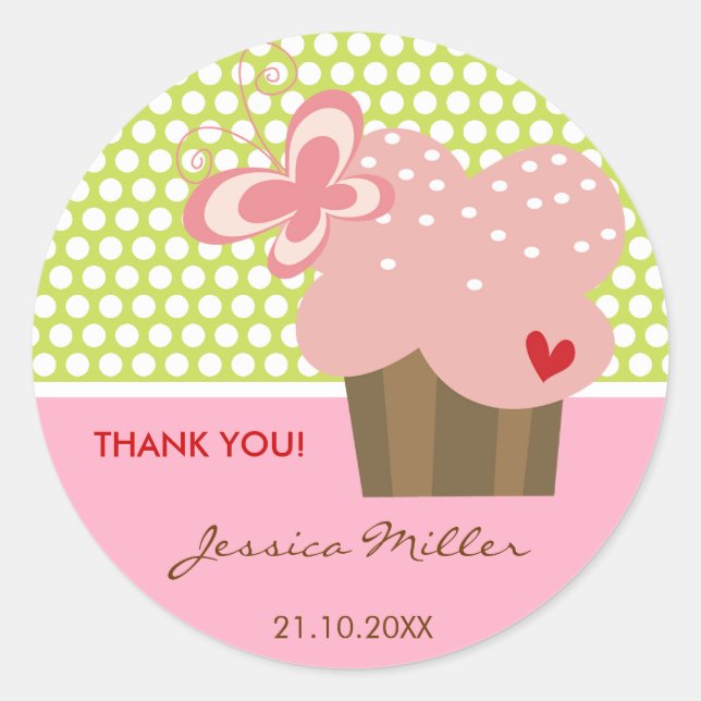 Pink Butterfly Cupcake Girl Birthday Party Sticker (Front)