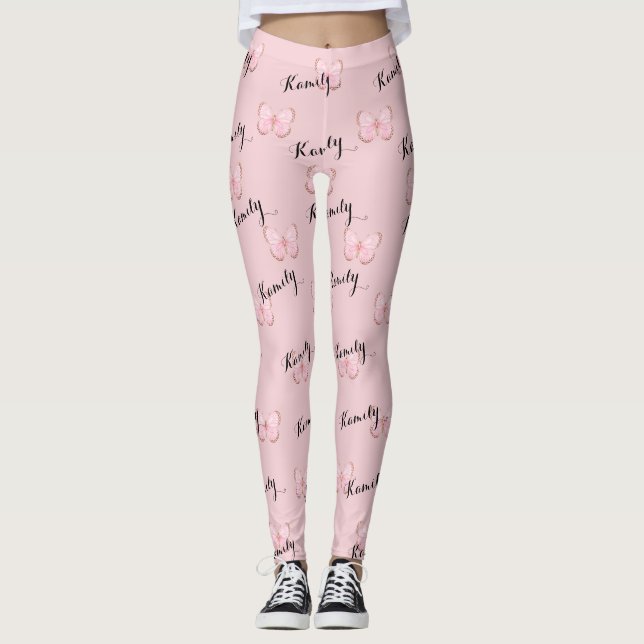 Pink Butterfly Custom Name Pattern Leggings (Front)