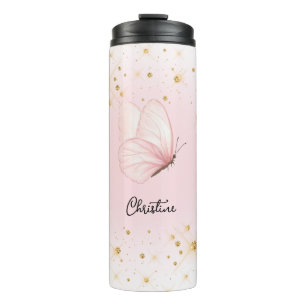 pink butterfly custom name thermal tumbler