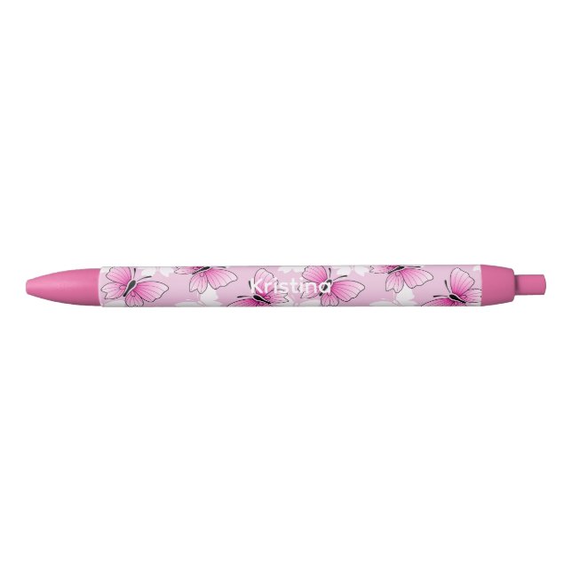 Pink Butterfly Cute Kawaii Personalized Pen (Front)