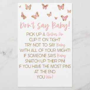 Pink Butterfly Don't Say Baby Shower Game Stationery