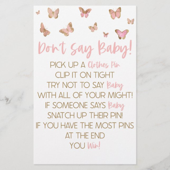Pink Butterfly Don't Say Baby Shower Game Stationery (Front)