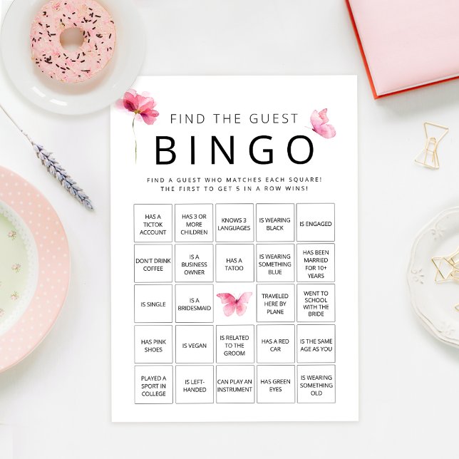 Pink Butterfly Find The Guest Bingo Game Card (Creator Uploaded)