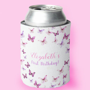 Pink Butterfly First Birthday Baby Girl Can Cooler