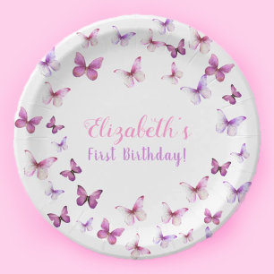 Pink Butterfly First Birthday Baby Girl Paper Plate