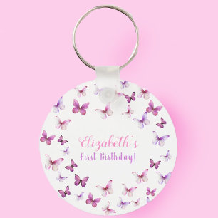 Pink Butterfly First Birthday Girl Party Favour Key Ring