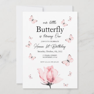 Pink butterfly first bithday invitation