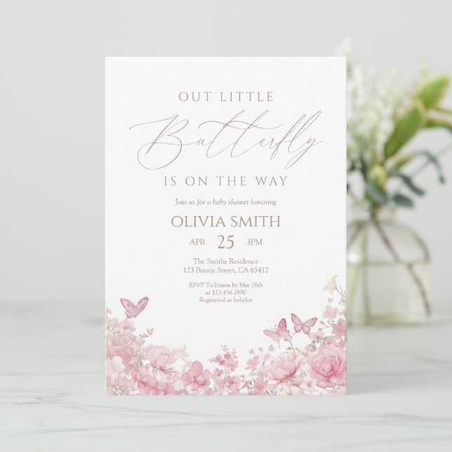 Pink Butterfly Floral Baby Shower Invitation (Standing Front)