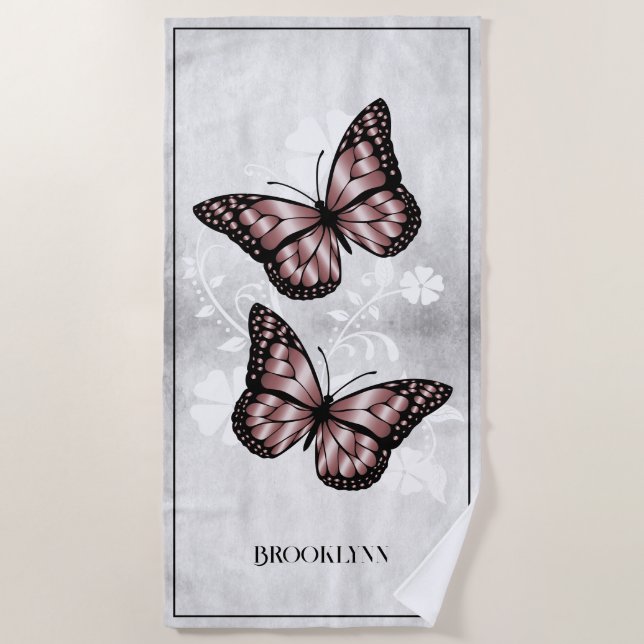 Pink Butterfly Floral Beach Towel (Front)