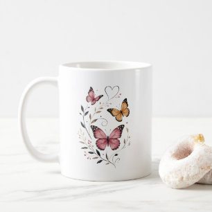 Pink Butterfly Floral Botanical Design Coffee Mug