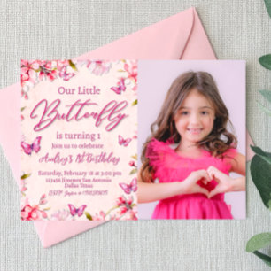Pink Butterfly Floral Girl Birthday Invitation