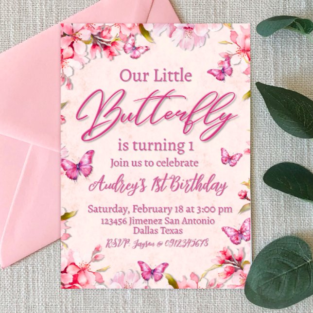 Pink Butterfly Floral Girl Birthday  Invitation (Pink Butterfly Floral Girl Birthday Invitation)