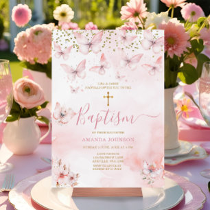 Pink Butterfly Floral Girl Christening Baptism Invitation