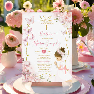 Pink Butterfly Floral Girl Praying Gold Baptism Invitation