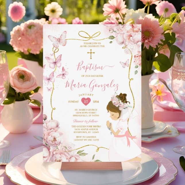 Pink Butterfly Floral Girl Praying Gold Baptism Invitation (Creator Uploaded)