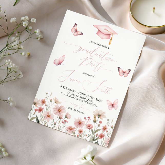 Pink Butterfly Floral Graduation Invitation (Creator Uploaded)