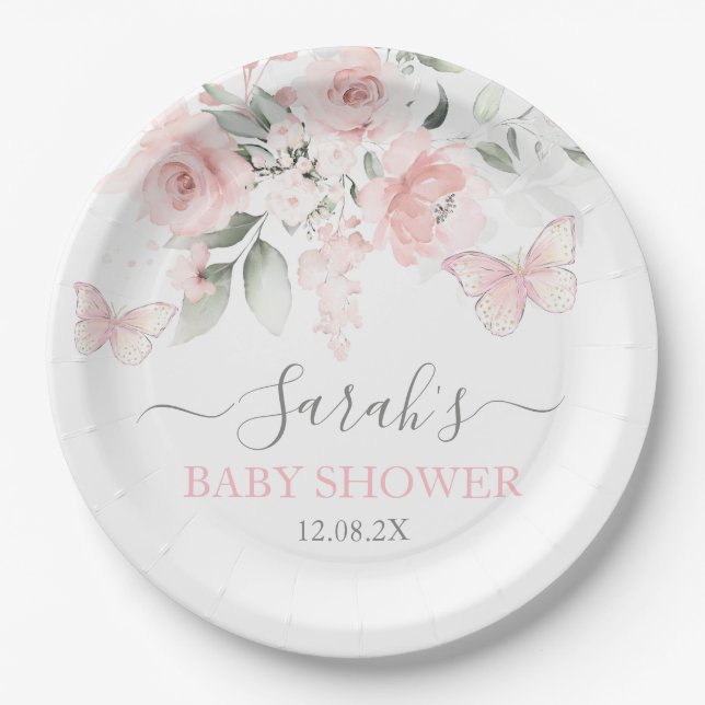 Pink Butterfly Floral Paper Plate (Front)