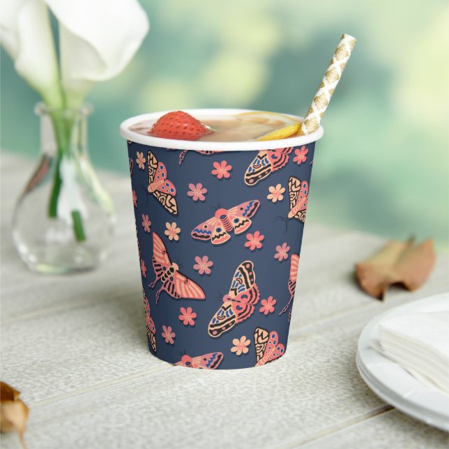 Pink Butterfly Floral Pattern on Midnight Blue Paper Cups (Insitu)