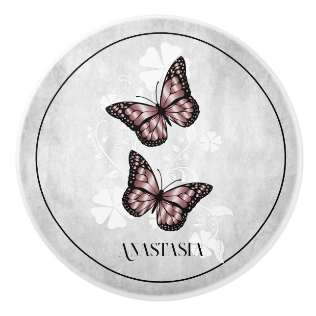 Pink Butterfly Floral Personalised Ceramic Knob (Front)