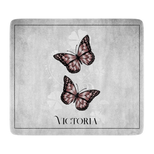 Pink Butterfly Floral Personalised Cutting Board (Front)