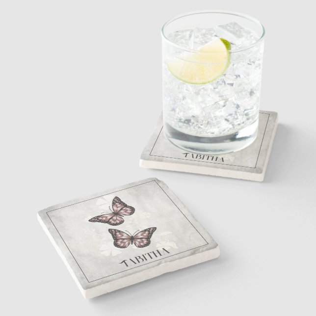 Pink Butterfly Floral Personalised Stone Coaster (Side)