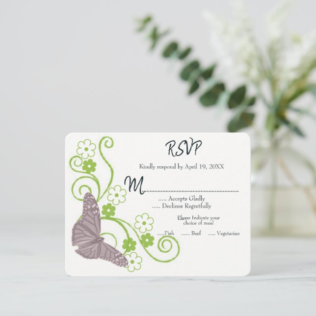 Pink Butterfly Floral Wedding RSVP Card (Standing Front)