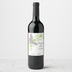 Pink Butterfly Floral Wedding Wine Label