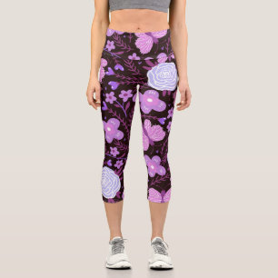 Pink Butterfly Flower Capri Leggings