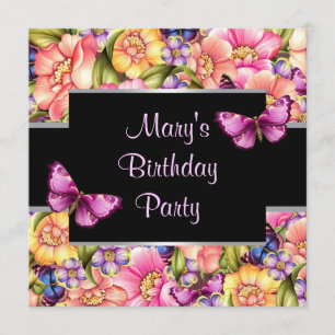 Pink Butterfly Flowers Womans Birthday Party Invitation