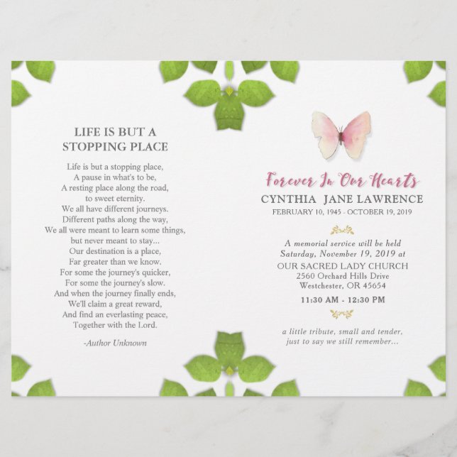 Pink Butterfly Funeral Memorial Service Program (Front)