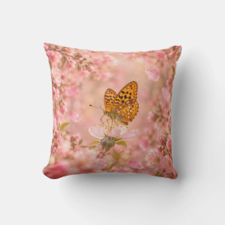Pink Butterfly Garden Floral Throw Pillow