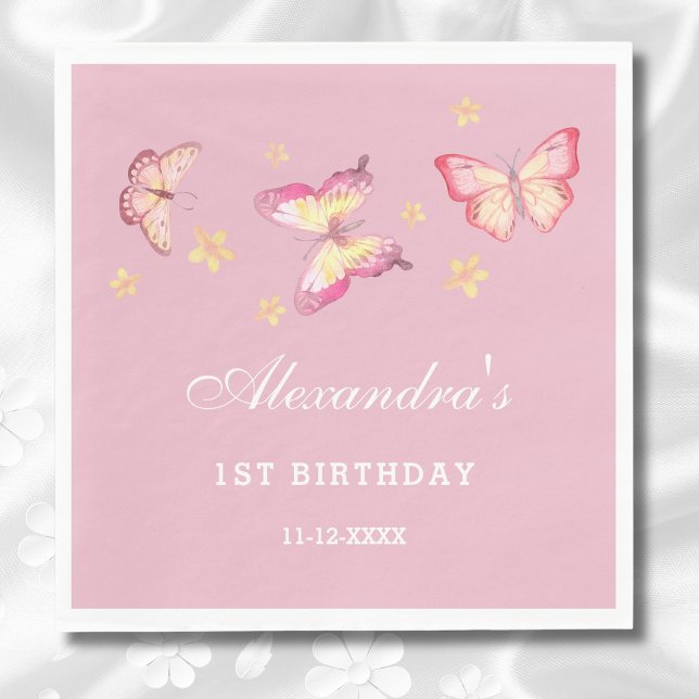 Pink Butterfly Girl 1st Birthday Party Napkin (Creator Uploaded)