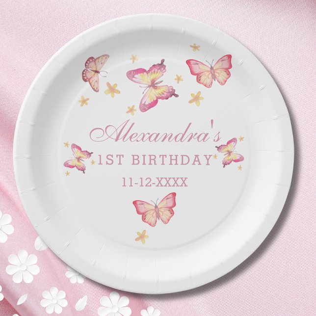 Pink Butterfly Girl 1st Birthday Party Paper Plate (Creator Uploaded)