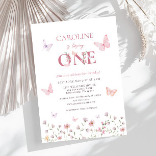 Pink Butterfly Girl First Birthday Invitation