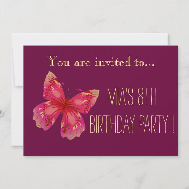 Pink butterfly girl or tween birthday party invitation (Front)
