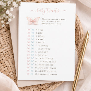 Pink Butterfly Girl Shower Baby Traits Game Card