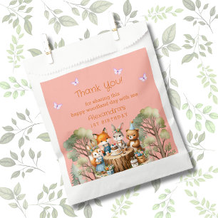 Pink Butterfly Girl Woodland Animals 1st Birthday Favour Bag