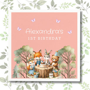 Pink Butterfly Girl Woodland Animals 1st Birthday Napkin
