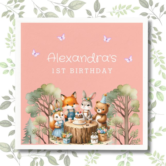 Pink Butterfly Girl Woodland Animals 1st Birthday Napkin (Creator Uploaded)