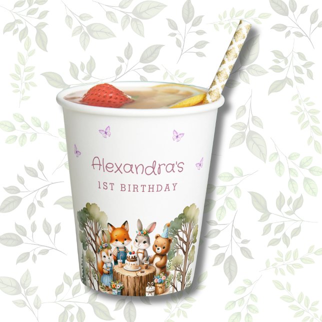 Pink Butterfly Girl Woodland Animals 1st Birthday Paper Cups (Creator Uploaded)