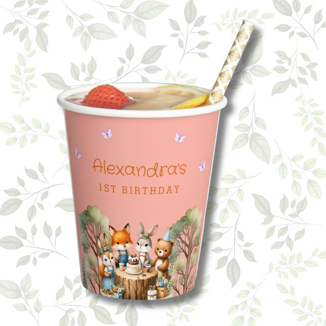 Pink Butterfly Girl Woodland Animals 1st Birthday Paper Cups (Creator Uploaded)