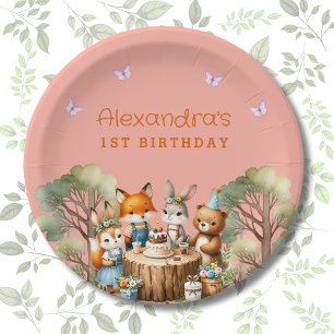 Pink Butterfly Girl Woodland Animals 1st Birthday Paper Plate