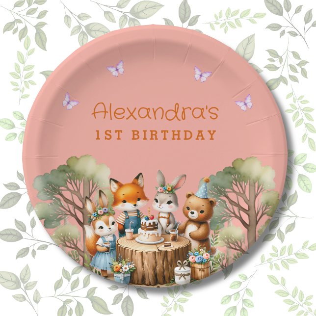 Pink Butterfly Girl Woodland Animals 1st Birthday Paper Plate (Creator Uploaded)
