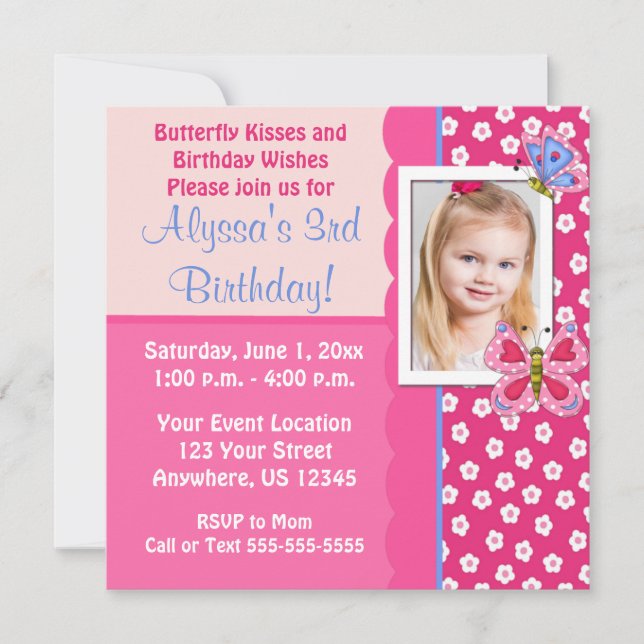Pink Butterfly Girls Birthday Invitation (Front)